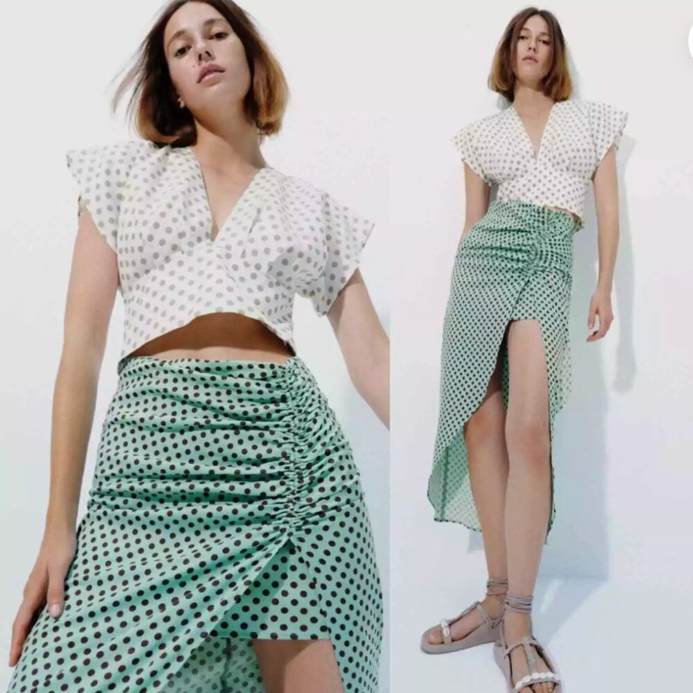 Zara Polka Dot Slit Linen Midi Skirt